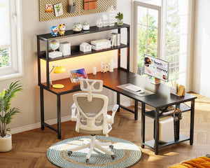 L-Shaped Gaming Desk with Hutch & Storage Shelves