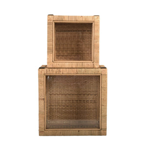 Rattan & Wood Display Boxes with Glass Top – Set of 2