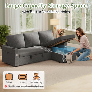 L-Shaped Sectional Sleeper Sofa with Storage Chaise, Charging Ports & Cup Holders