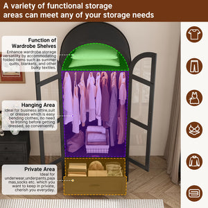 2-Door Arched Armoire Wardrobe with LED Light & Drawers