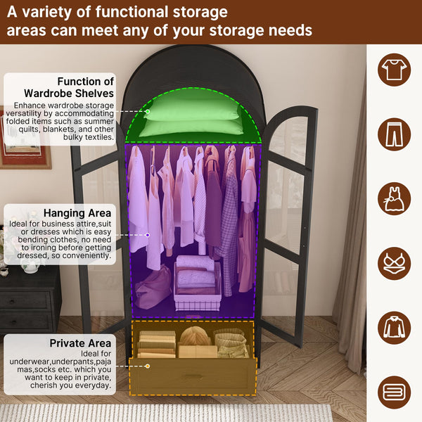 2-Door Arched Armoire Wardrobe with LED Light & Drawers