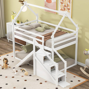 Twin Over Twin Bunk Bed with Storage Stairs & Guardrails