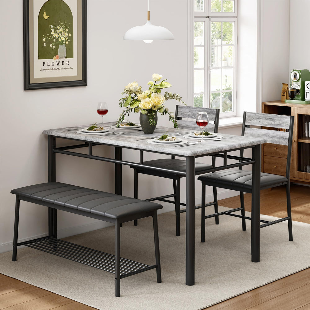4-Piece Industrial Dining Table Set with Upholstered Bench and 2 Chairs