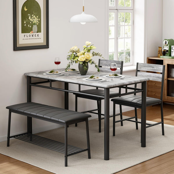 4-Piece Industrial Dining Table Set with Upholstered Bench and 2 Chairs