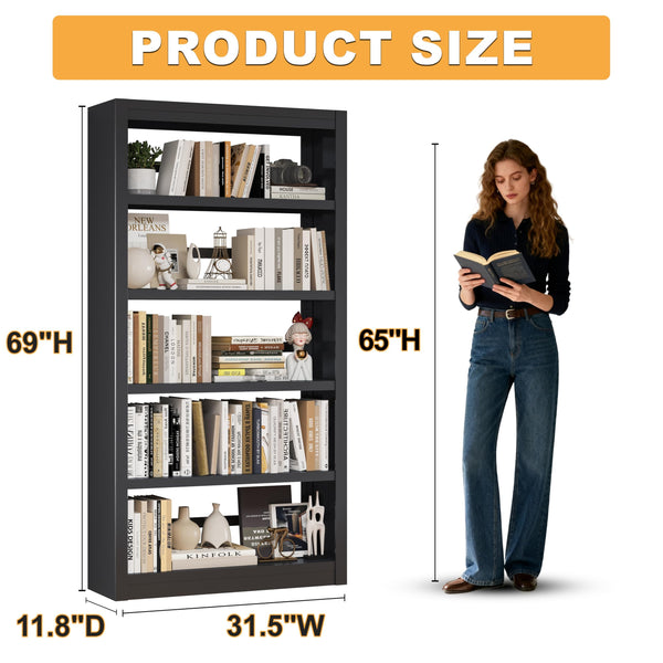 69" Tall Metal 5-Tier Bookcase with Adjustable Shelves