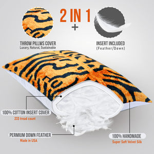 Orange Gold Tiger Print Velvet Throw Pillow with Down Feather Insert