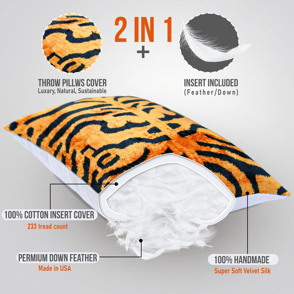 Orange Gold Tiger Print Velvet Throw Pillow with Down Feather Insert