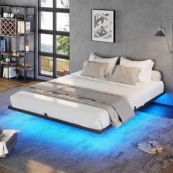Floating Bed Frame with LED Lights – Metal Platform, Multiple Sizes