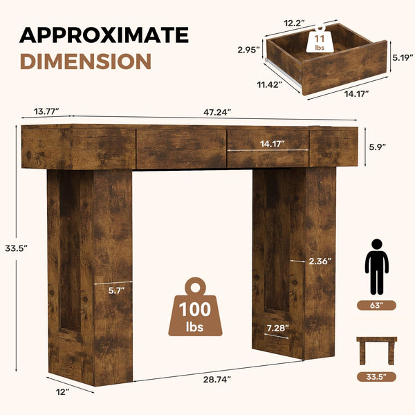 47" Farmhouse Console Table with LED Light, Drawers & Charging Station