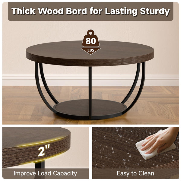 Round Coffee Table with 2-Tier Storage & Steel Frame