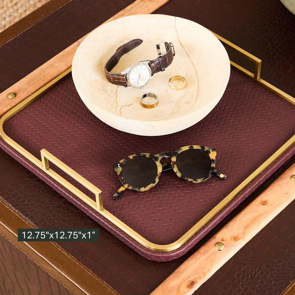Square Woven Vegan Leather Decorative Tray with Brushed Brass Handles
