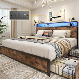 Metal Platform Bed Frame with Storage Headboard, Drawers & LED