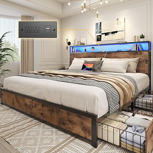 Metal Platform Bed Frame with Storage Headboard, Drawers & LED
