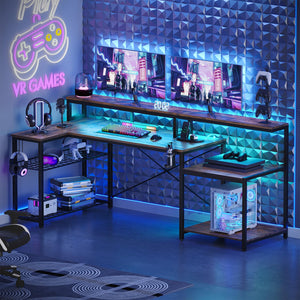 L-Shaped Corner Desk with Power Outlets & LED Monitor Stand