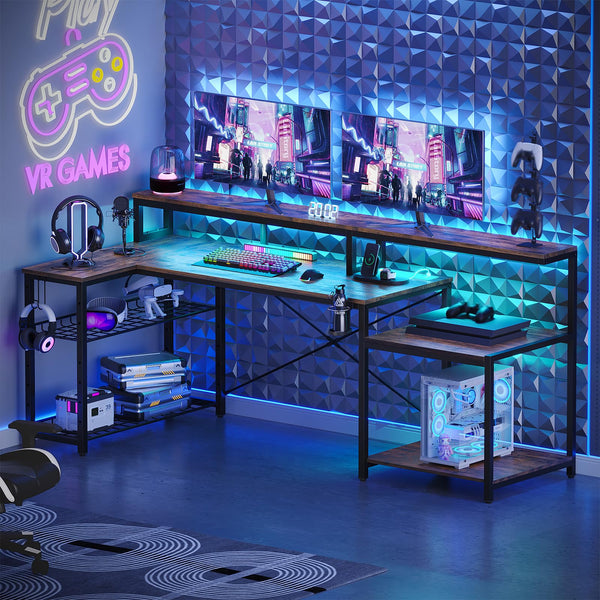 L-Shaped Corner Desk with Power Outlets & LED Monitor Stand