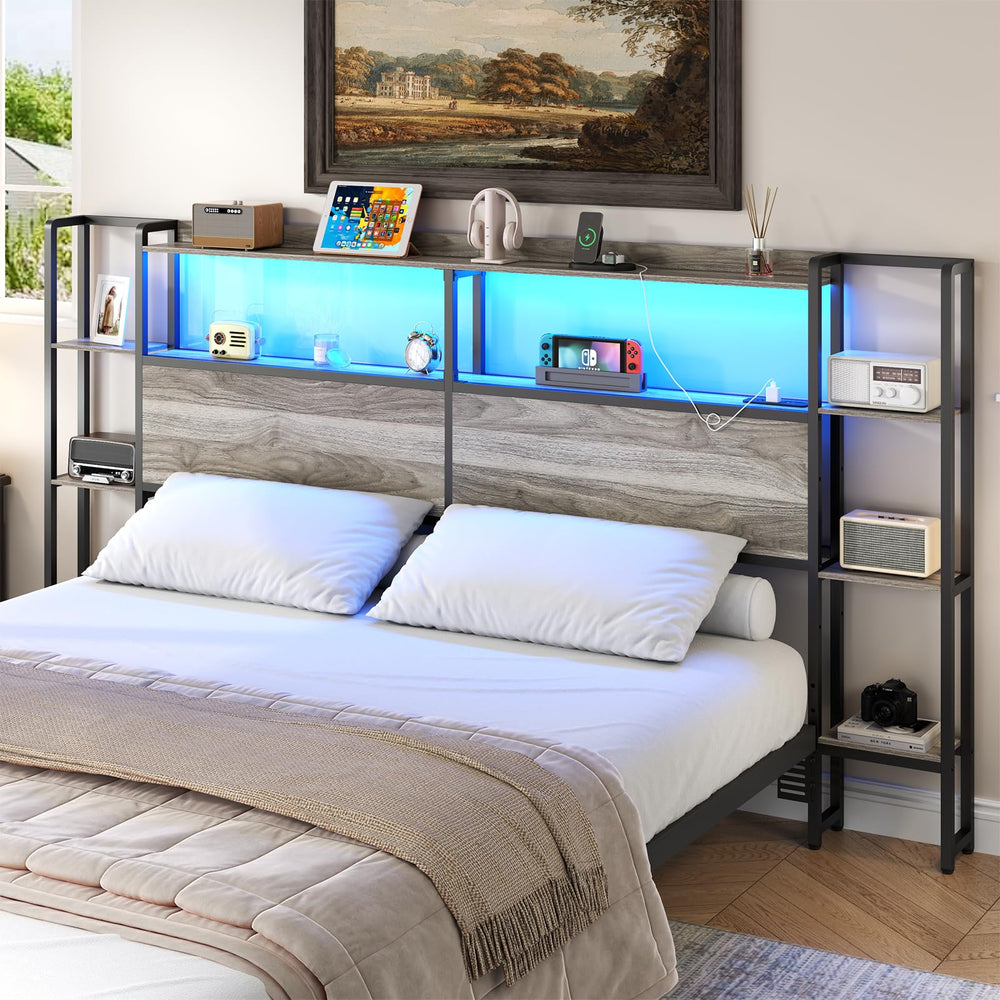 King Size Headboard with LED Lights, Charging Station & Storage Shelves