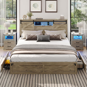 Farmhouse Bed Frame with Storage Headboard, LED Lights & Charging Station