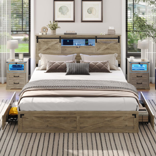 Farmhouse Bed Frame with Storage Headboard, LED Lights & Charging Station