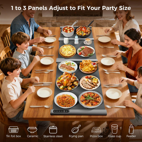 Electric Food Warming Mat | Expandable 3-Piece | 7 Temp & 6-Hour Timer