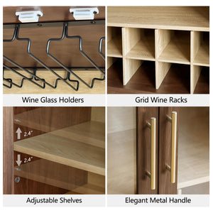 Wine Bar Cabinet with Glass Doors, Wine & Glass Rack, Mid-Century Modern Sideboard