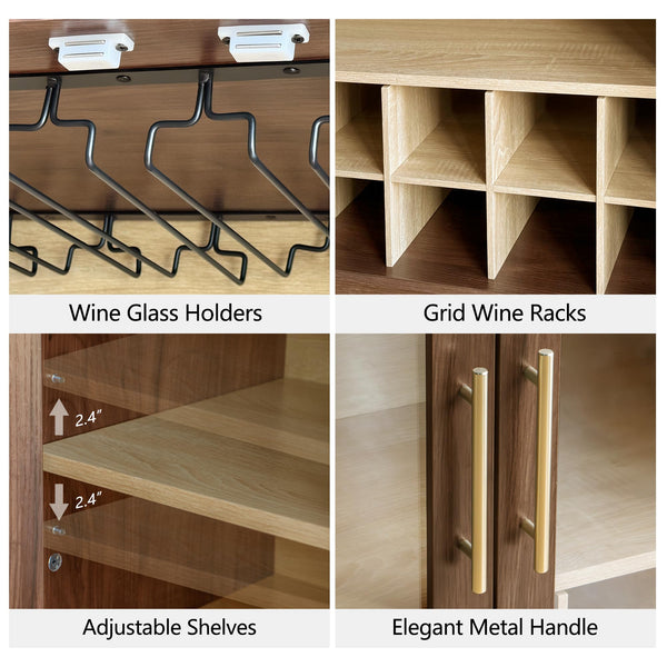 Wine Bar Cabinet with Glass Doors, Wine & Glass Rack, Mid-Century Modern Sideboard