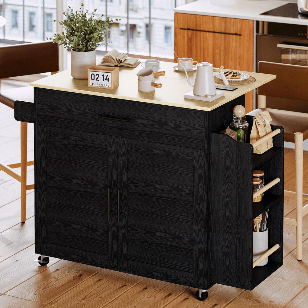 Rolling Kitchen Island with Drop Leaf, Storage Cabinet & Charging Station
