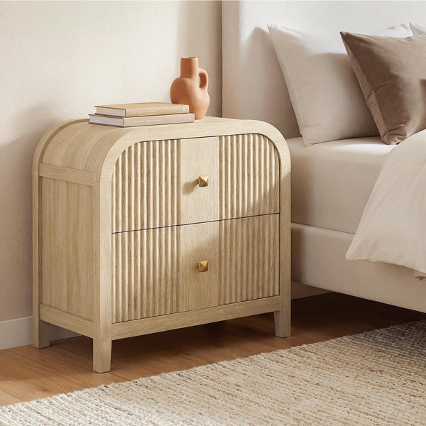 2-Drawer Nightstand with Wave-Fluted Front & Curved Top