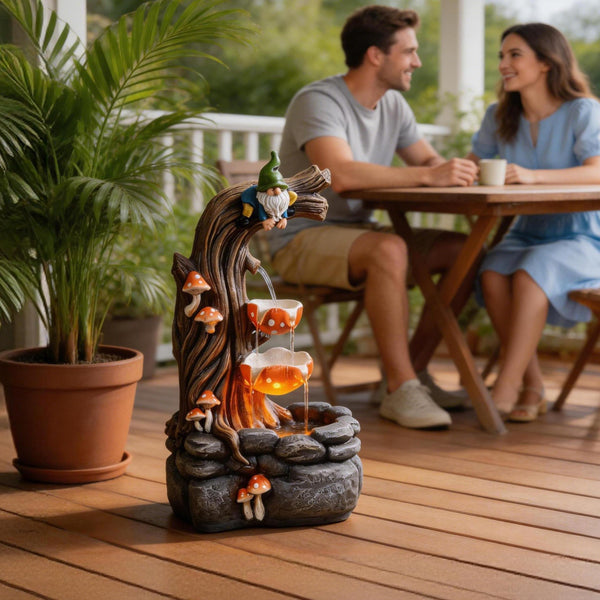 Gnome Outdoor Water Fountain with LED & Cascading Mushroom Waterfall