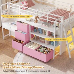 Twin Low Loft Bed with Desk, Storage Drawers, Bookshelf & LED Lights