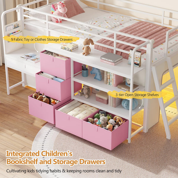 Twin Low Loft Bed with Desk, Storage Drawers, Bookshelf & LED Lights