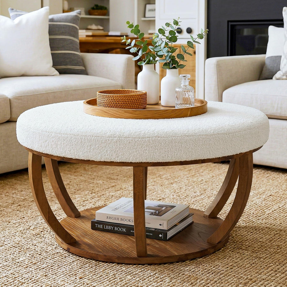Round Storage Ottoman Coffee Table with Wood Base