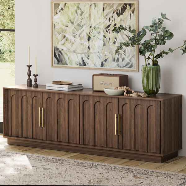 67" Mid-Century Modern TV Stand for 75 Inch TVs – Arched Wood Grain Media Console
