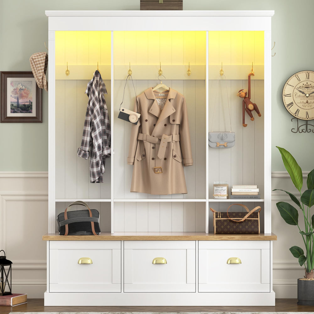 LED Hall Tree with Storage Bench, Shoe Cabinets & Coat Rack
