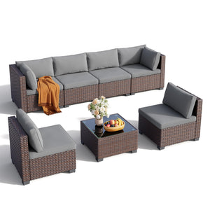 7-Piece Outdoor PE Rattan Sectional Sofa Set with Cushions & Glass Coffee Table