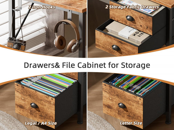 L-Shaped Computer Desk with Power Outlet & USB-C, File Cabinet, Fabric Drawers