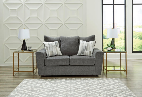 Gray Loveseat with Flared Arms & Accent Pillows