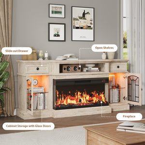 70" Electric Fireplace TV Stand with 3-Sided Glass Insert, Storage Cabinets & Open Shelf