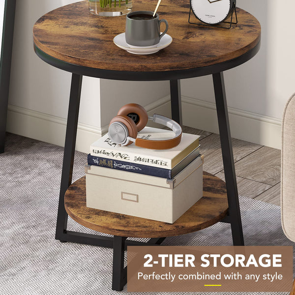 2-Tier Round Industrial End Table with Storage Shelf