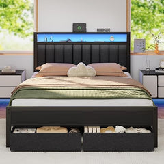 Queen Platform Bed with LED Lights, Charging Station & Storage Drawers