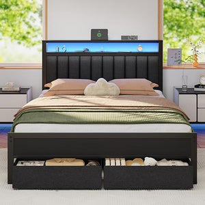 Queen Platform Bed with LED Lights, Charging Station & Storage Drawers