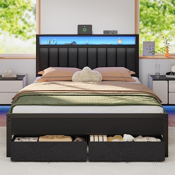 Twin Platform Bed with LED Lights, Charging Station & Storage Drawers