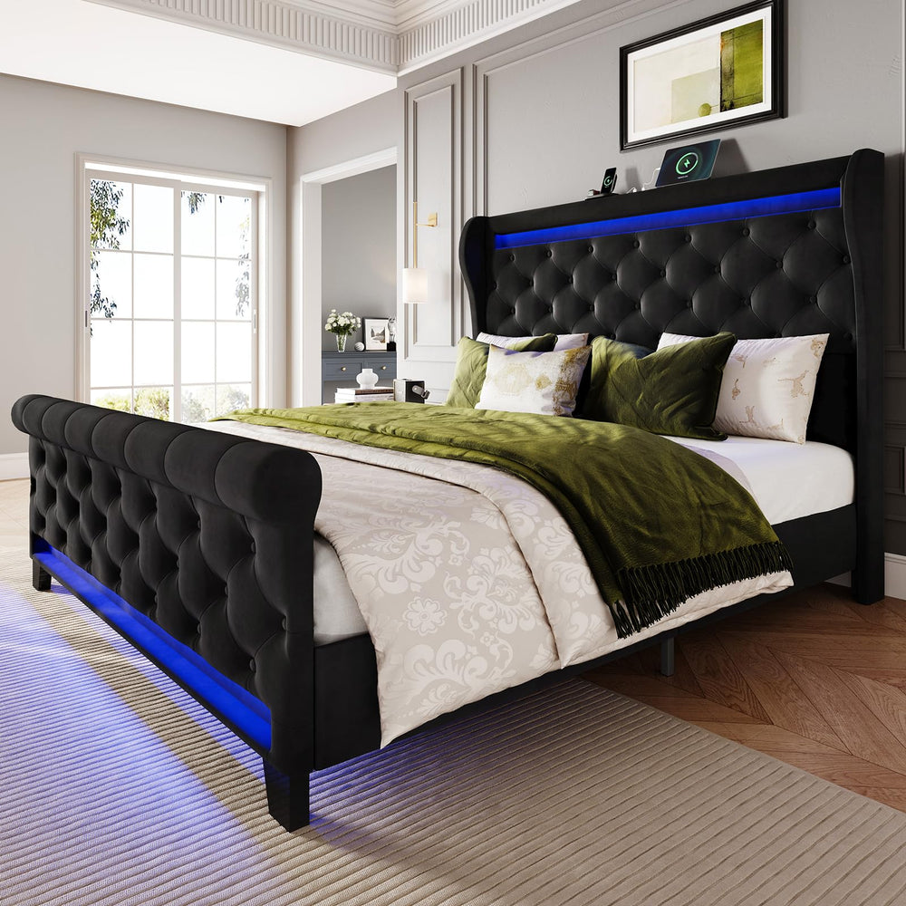 Upholstered Velvet Platform Bed Frame with LED Lights & Charging Ports