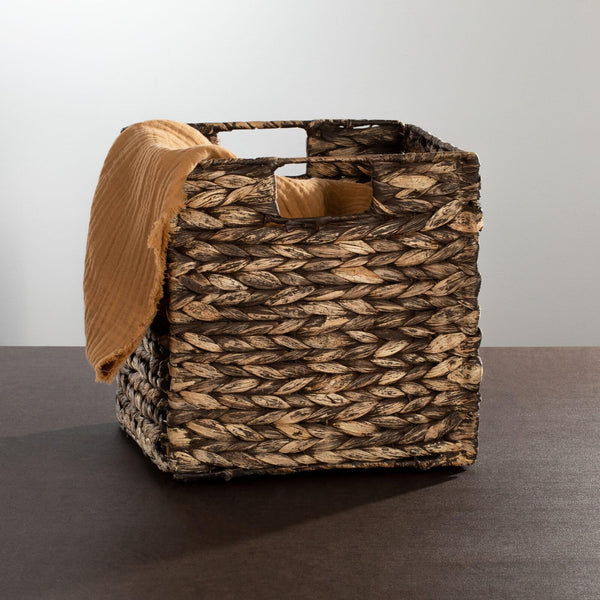 Woven Hyacinth Cube Storage Baskets with Handles – Set of 6, Brown Wash