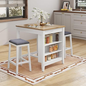 HLR 3-Piece Dining Table Set for 2 Person, Small Farmhouse Kitchen Table with 2 Bar Stools, Wood Dinner Table with Storage Shelves for Dining Room, Apartment, Small Space, Breakfast Nook, Black