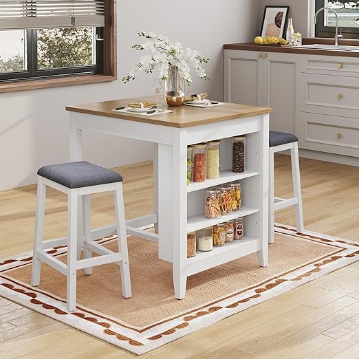 HLR 3-Piece Dining Table Set for 2 Person, Small Farmhouse Kitchen Table with 2 Bar Stools, Wood Dinner Table with Storage Shelves for Dining Room, Apartment, Small Space, Breakfast Nook, Black