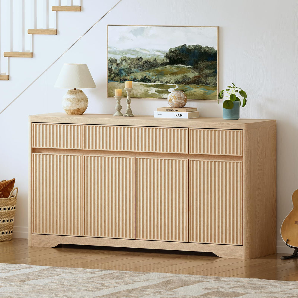57" Fluted Buffet Cabinet with Storage – Sideboard Credenza with Drawers & Doors