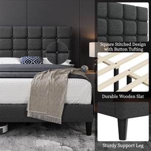 Upholstered Platform Bed Frame with Adjustable Tufted Headboard