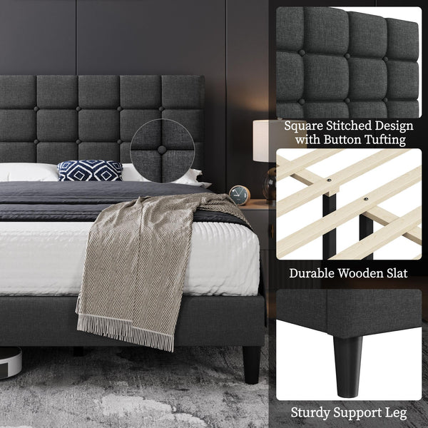 Upholstered Platform Bed Frame with Adjustable Tufted Headboard