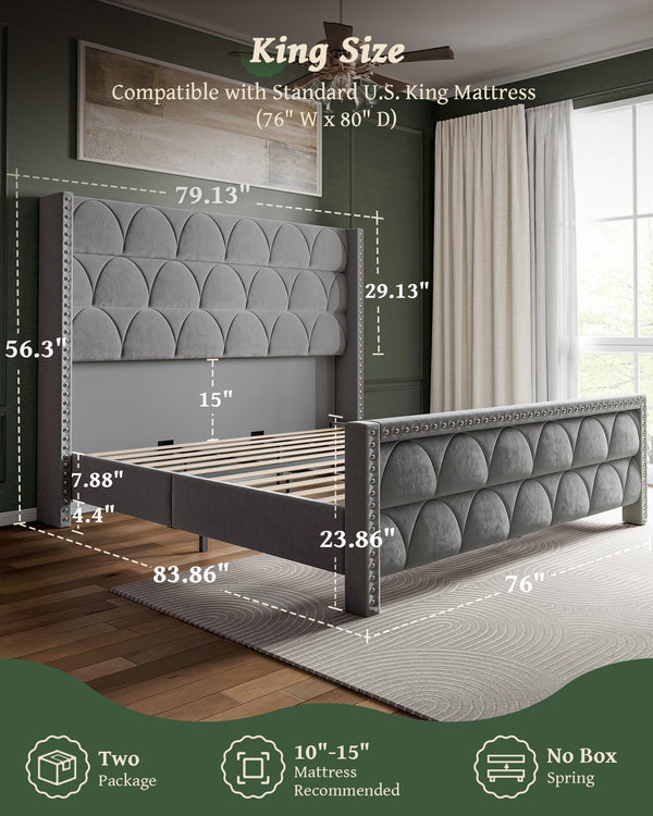 Velvet Wingback Platform Bed Frame with 56" Headboard