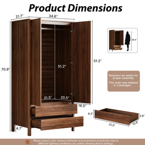 2-Door 2-Drawer Wardrobe with Engineered Wood Storage Cabinet
